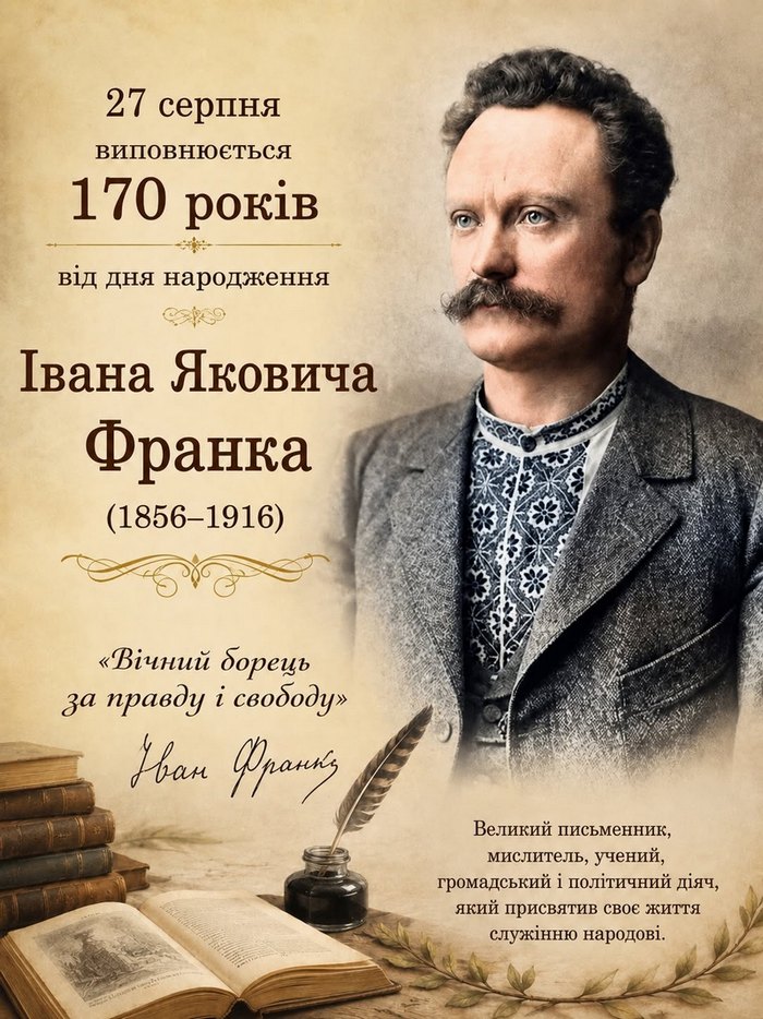 Іван Франко — 170 років від дня народження видатного українського письменника 27 серпня 2026 року — 170 років від дня народження Івана Франка. Творчість Каменяра, поезія, проза, переклади, цікаві факти та значення його спадщини для української культури.